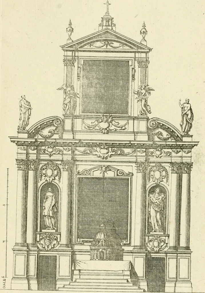 An illustration from Petit uvre d'architecture de Jean Marot, architecte et graveur, ou, Recueil des plans, elevations & coupes de divers anciens edifices de Paris, & de la sépulture des Valois, à S. Denis, avec diverses suites de tombeaux, epitaphes, chapelles, retables d'autels, tabernacles, portes cocheres & autres, &c. & plusieurs petits temples dans le goût antique, qui n'ont jamais paru, 1764, leaf 256
