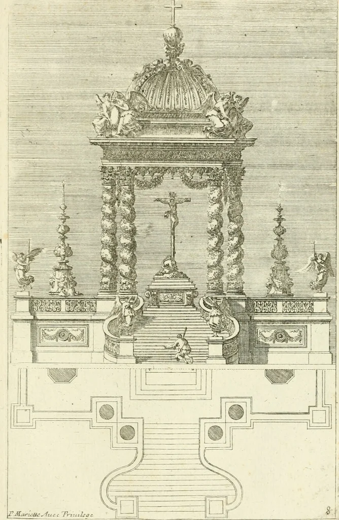 An illustration from Petit uvre d'architecture de Jean Marot, architecte et graveur, ou, Recueil des plans, elevations & coupes de divers anciens edifices de Paris, & de la sépulture des Valois, à S. Denis, avec diverses suites de tombeaux, epitaphes, chapelles, retables d'autels, tabernacles, portes cocheres & autres, &c. & plusieurs petits temples dans le goût antique, qui n'ont jamais paru, 1764, leaf 258