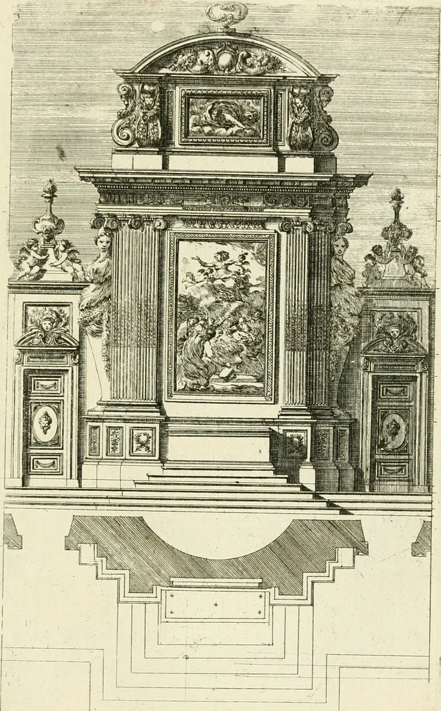 An illustration from Petit uvre d'architecture de Jean Marot, architecte et graveur, ou, Recueil des plans, elevations & coupes de divers anciens edifices de Paris, & de la sépulture des Valois, à S. Denis, avec diverses suites de tombeaux, epitaphes, chapelles, retables d'autels, tabernacles, portes cocheres & autres, &c. & plusieurs petits temples dans le goût antique, qui n'ont jamais paru, 1764, leaf 260