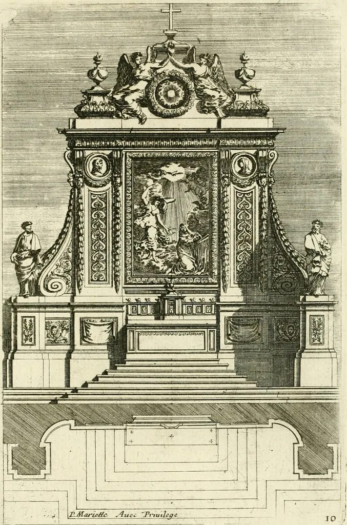 An illustration from Petit uvre d'architecture de Jean Marot, architecte et graveur, ou, Recueil des plans, elevations & coupes de divers anciens edifices de Paris, & de la sépulture des Valois, à S. Denis, avec diverses suites de tombeaux, epitaphes, chapelles, retables d'autels, tabernacles, portes cocheres & autres, &c. & plusieurs petits temples dans le goût antique, qui n'ont jamais paru, 1764, leaf 262