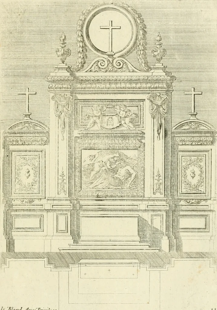 An illustration from Petit uvre d'architecture de Jean Marot, architecte et graveur, ou, Recueil des plans, elevations & coupes de divers anciens edifices de Paris, & de la sépulture des Valois, à S. Denis, avec diverses suites de tombeaux, epitaphes, chapelles, retables d'autels, tabernacles, portes cocheres & autres, &c. & plusieurs petits temples dans le goût antique, qui n'ont jamais paru, 1764, leaf 264