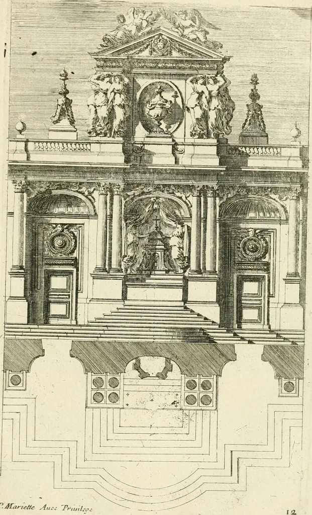 An illustration from Petit uvre d'architecture de Jean Marot, architecte et graveur, ou, Recueil des plans, elevations & coupes de divers anciens edifices de Paris, & de la sépulture des Valois, à S. Denis, avec diverses suites de tombeaux, epitaphes, chapelles, retables d'autels, tabernacles, portes cocheres & autres, &c. & plusieurs petits temples dans le goût antique, qui n'ont jamais paru, 1764, leaf 266