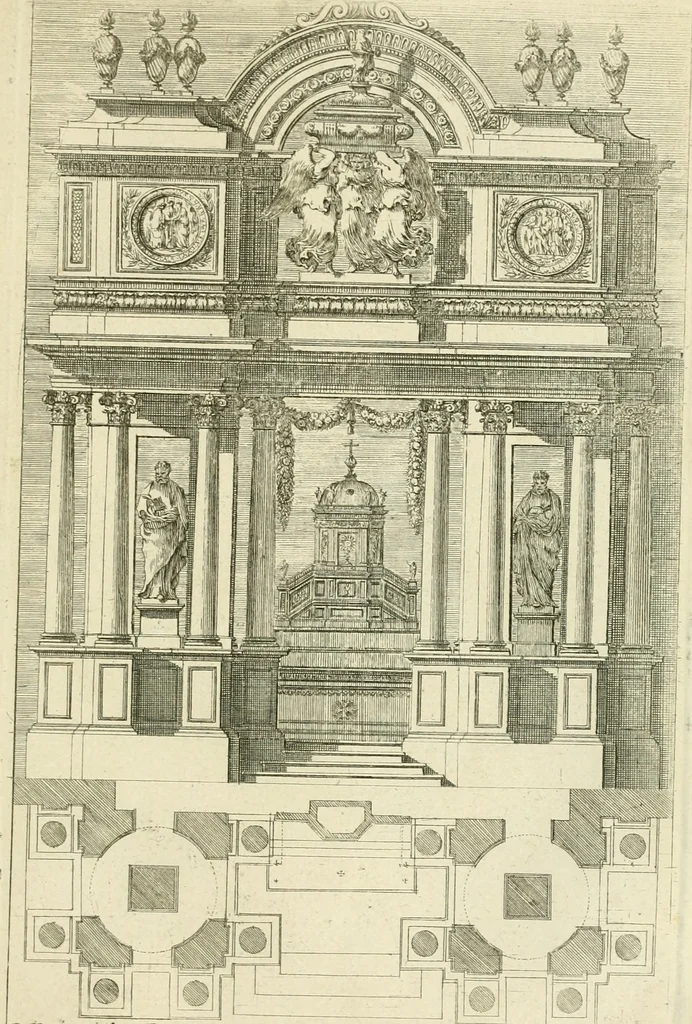 An illustration from Petit uvre d'architecture de Jean Marot, architecte et graveur, ou, Recueil des plans, elevations & coupes de divers anciens edifices de Paris, & de la sépulture des Valois, à S. Denis, avec diverses suites de tombeaux, epitaphes, chapelles, retables d'autels, tabernacles, portes cocheres & autres, &c. & plusieurs petits temples dans le goût antique, qui n'ont jamais paru, 1764, leaf 268