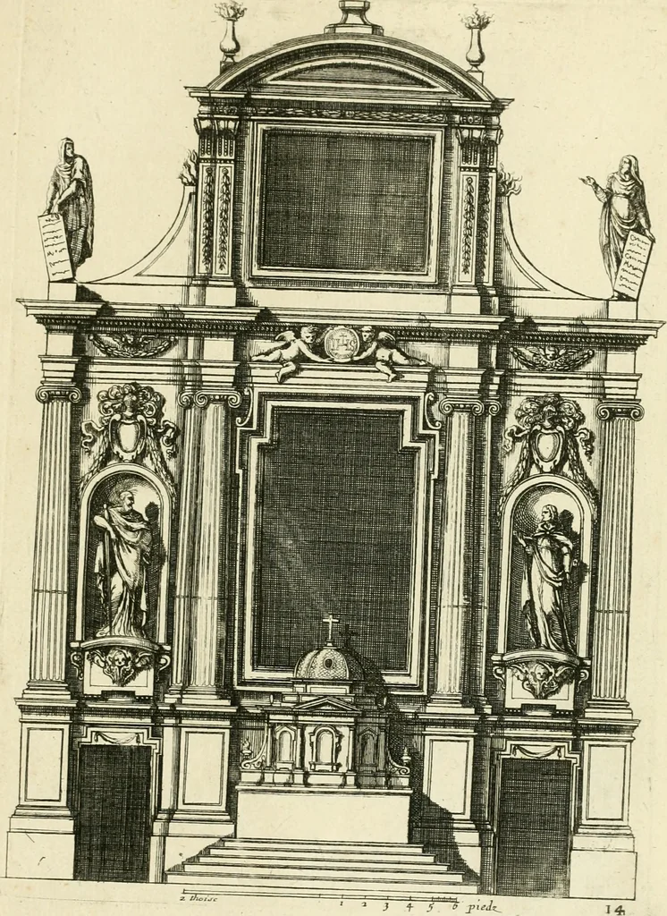 An illustration from Petit uvre d'architecture de Jean Marot, architecte et graveur, ou, Recueil des plans, elevations & coupes de divers anciens edifices de Paris, & de la sépulture des Valois, à S. Denis, avec diverses suites de tombeaux, epitaphes, chapelles, retables d'autels, tabernacles, portes cocheres & autres, &c. & plusieurs petits temples dans le goût antique, qui n'ont jamais paru, 1764, leaf 270