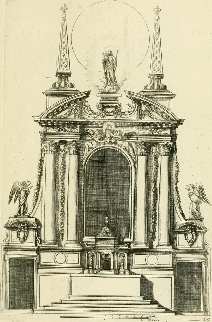 An illustration from Petit uvre d'architecture de Jean Marot, architecte et graveur, ou, Recueil des plans, elevations & coupes de divers anciens edifices de Paris, & de la sépulture des Valois, à S. Denis, avec diverses suites de tombeaux, epitaphes, chapelles, retables d'autels, tabernacles, portes cocheres & autres, &c. & plusieurs petits temples dans le goût antique, qui n'ont jamais paru, 1764, leaf 272