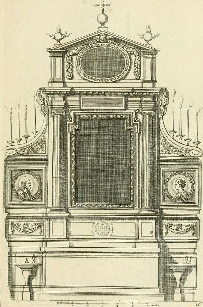 An illustration from Petit uvre d'architecture de Jean Marot, architecte et graveur, ou, Recueil des plans, elevations & coupes de divers anciens edifices de Paris, & de la sépulture des Valois, à S. Denis, avec diverses suites de tombeaux, epitaphes, chapelles, retables d'autels, tabernacles, portes cocheres & autres, &c. & plusieurs petits temples dans le goût antique, qui n'ont jamais paru, 1764, leaf 274
