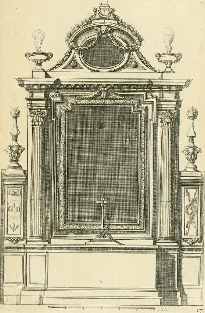 An illustration from Petit uvre d'architecture de Jean Marot, architecte et graveur, ou, Recueil des plans, elevations & coupes de divers anciens edifices de Paris, & de la sépulture des Valois, à S. Denis, avec diverses suites de tombeaux, epitaphes, chapelles, retables d'autels, tabernacles, portes cocheres & autres, &c. & plusieurs petits temples dans le goût antique, qui n'ont jamais paru, 1764, leaf 276