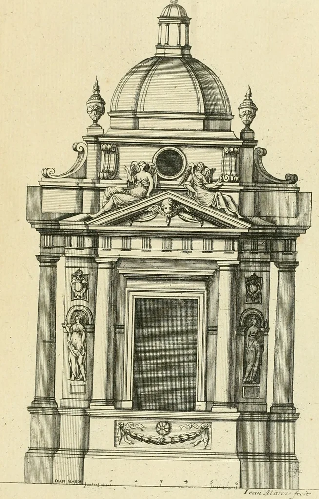 An illustration from Petit uvre d'architecture de Jean Marot, architecte et graveur, ou, Recueil des plans, elevations & coupes de divers anciens edifices de Paris, & de la sépulture des Valois, à S. Denis, avec diverses suites de tombeaux, epitaphes, chapelles, retables d'autels, tabernacles, portes cocheres & autres, &c. & plusieurs petits temples dans le goût antique, qui n'ont jamais paru, 1764, leaf 278