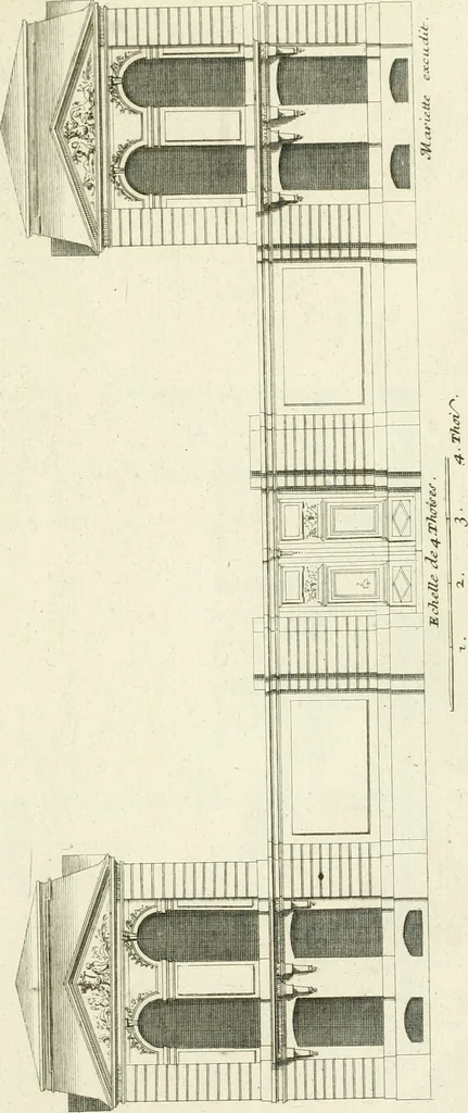 An illustration from Petit uvre d'architecture de Jean Marot, architecte et graveur, ou, Recueil des plans, elevations & coupes de divers anciens edifices de Paris, & de la sépulture des Valois, à S. Denis, avec diverses suites de tombeaux, epitaphes, chapelles, retables d'autels, tabernacles, portes cocheres & autres, &c. & plusieurs petits temples dans le goût antique, qui n'ont jamais paru, 1764, leaf 28