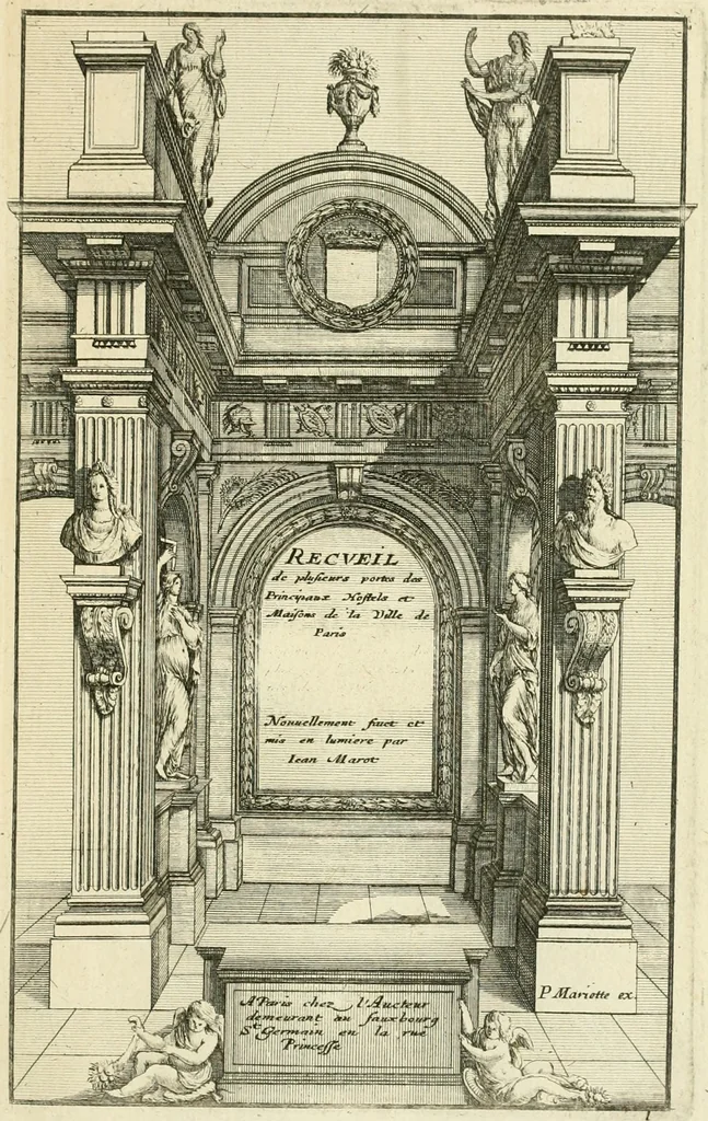 An illustration from Petit uvre d'architecture de Jean Marot, architecte et graveur, ou, Recueil des plans, elevations & coupes de divers anciens edifices de Paris, & de la sépulture des Valois, à S. Denis, avec diverses suites de tombeaux, epitaphes, chapelles, retables d'autels, tabernacles, portes cocheres & autres, &c. & plusieurs petits temples dans le goût antique, qui n'ont jamais paru, 1764, leaf 280