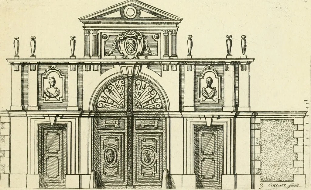 An illustration from Petit uvre d'architecture de Jean Marot, architecte et graveur, ou, Recueil des plans, elevations & coupes de divers anciens edifices de Paris, & de la sépulture des Valois, à S. Denis, avec diverses suites de tombeaux, epitaphes, chapelles, retables d'autels, tabernacles, portes cocheres & autres, &c. & plusieurs petits temples dans le goût antique, qui n'ont jamais paru, 1764, leaf 282