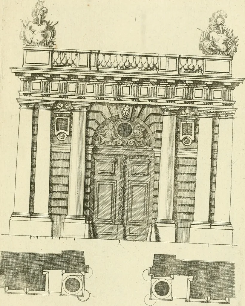An illustration from Petit uvre d'architecture de Jean Marot, architecte et graveur, ou, Recueil des plans, elevations & coupes de divers anciens edifices de Paris, & de la sépulture des Valois, à S. Denis, avec diverses suites de tombeaux, epitaphes, chapelles, retables d'autels, tabernacles, portes cocheres & autres, &c. & plusieurs petits temples dans le goût antique, qui n'ont jamais paru, 1764, leaf 284