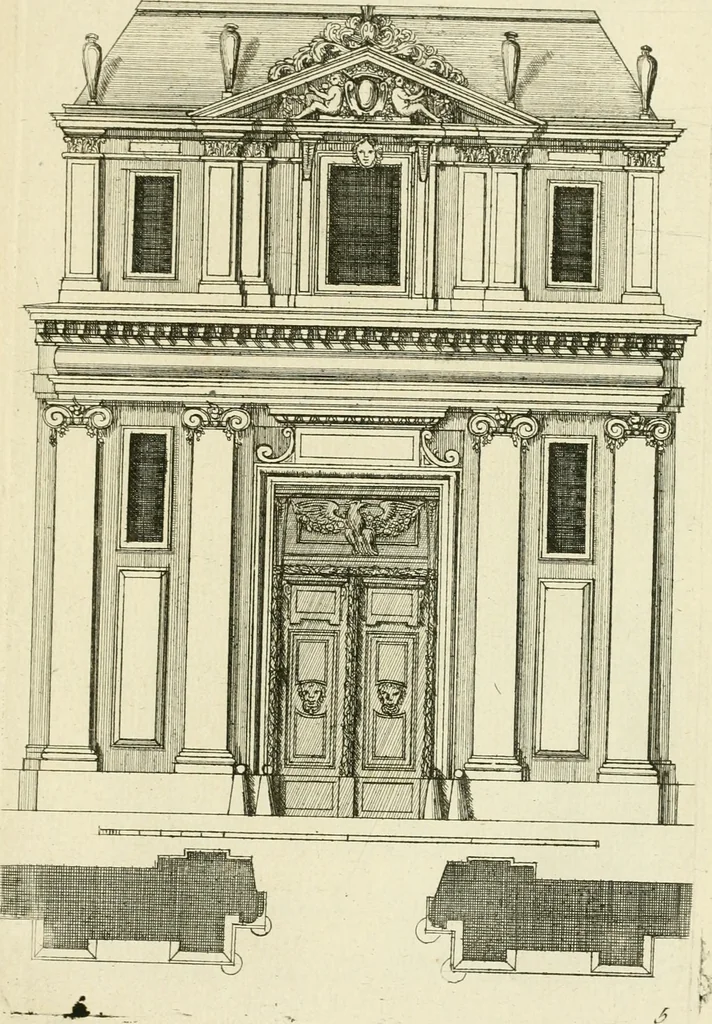 An illustration from Petit uvre d'architecture de Jean Marot, architecte et graveur, ou, Recueil des plans, elevations & coupes de divers anciens edifices de Paris, & de la sépulture des Valois, à S. Denis, avec diverses suites de tombeaux, epitaphes, chapelles, retables d'autels, tabernacles, portes cocheres & autres, &c. & plusieurs petits temples dans le goût antique, qui n'ont jamais paru, 1764, leaf 286