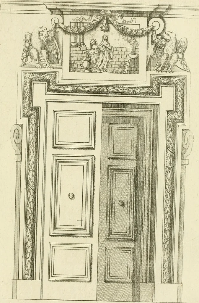 An illustration from Petit uvre d'architecture de Jean Marot, architecte et graveur, ou, Recueil des plans, elevations & coupes de divers anciens edifices de Paris, & de la sépulture des Valois, à S. Denis, avec diverses suites de tombeaux, epitaphes, chapelles, retables d'autels, tabernacles, portes cocheres & autres, &c. & plusieurs petits temples dans le goût antique, qui n'ont jamais paru, 1764, leaf 288