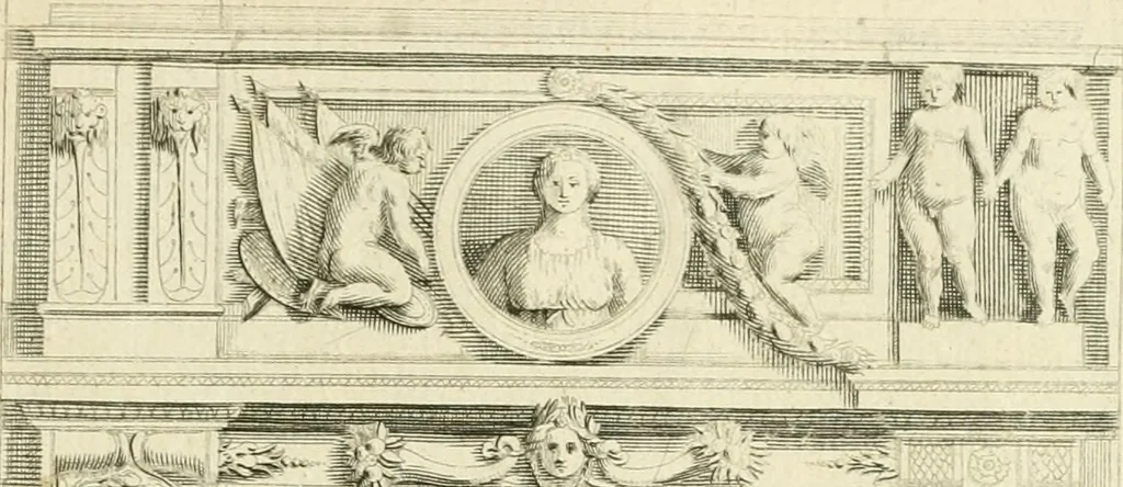 An illustration from Petit uvre d'architecture de Jean Marot, architecte et graveur, ou, Recueil des plans, elevations & coupes de divers anciens edifices de Paris, & de la sépulture des Valois, à S. Denis, avec diverses suites de tombeaux, epitaphes, chapelles, retables d'autels, tabernacles, portes cocheres & autres, &c. & plusieurs petits temples dans le goût antique, qui n'ont jamais paru, 1764, leaf 290