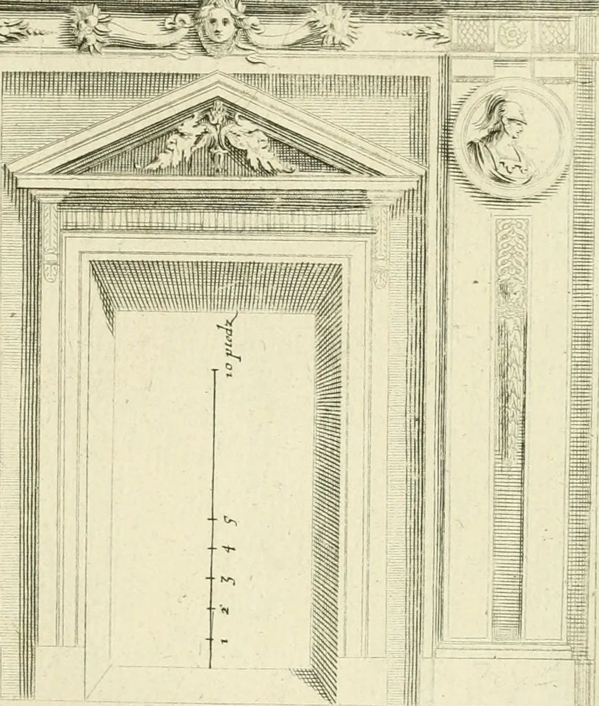 An illustration from Petit uvre d'architecture de Jean Marot, architecte et graveur, ou, Recueil des plans, elevations & coupes de divers anciens edifices de Paris, & de la sépulture des Valois, à S. Denis, avec diverses suites de tombeaux, epitaphes, chapelles, retables d'autels, tabernacles, portes cocheres & autres, &c. & plusieurs petits temples dans le goût antique, qui n'ont jamais paru, 1764, leaf 290