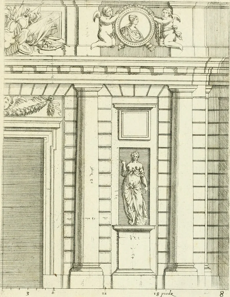 An illustration from Petit uvre d'architecture de Jean Marot, architecte et graveur, ou, Recueil des plans, elevations & coupes de divers anciens edifices de Paris, & de la sépulture des Valois, à S. Denis, avec diverses suites de tombeaux, epitaphes, chapelles, retables d'autels, tabernacles, portes cocheres & autres, &c. & plusieurs petits temples dans le goût antique, qui n'ont jamais paru, 1764, leaf 292