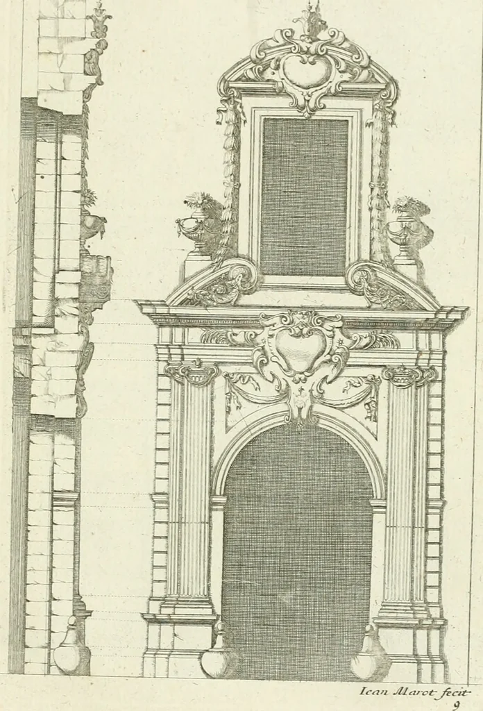An illustration from Petit uvre d'architecture de Jean Marot, architecte et graveur, ou, Recueil des plans, elevations & coupes de divers anciens edifices de Paris, & de la sépulture des Valois, à S. Denis, avec diverses suites de tombeaux, epitaphes, chapelles, retables d'autels, tabernacles, portes cocheres & autres, &c. & plusieurs petits temples dans le goût antique, qui n'ont jamais paru, 1764, leaf 294