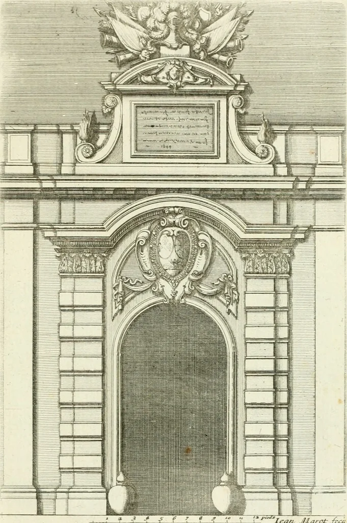 An illustration from Petit uvre d'architecture de Jean Marot, architecte et graveur, ou, Recueil des plans, elevations & coupes de divers anciens edifices de Paris, & de la sépulture des Valois, à S. Denis, avec diverses suites de tombeaux, epitaphes, chapelles, retables d'autels, tabernacles, portes cocheres & autres, &c. & plusieurs petits temples dans le goût antique, qui n'ont jamais paru, 1764, leaf 296