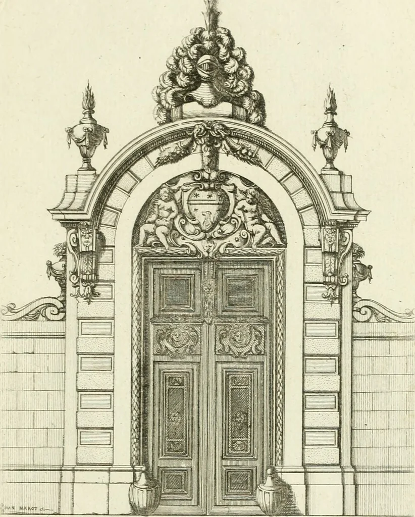 An illustration from Petit uvre d'architecture de Jean Marot, architecte et graveur, ou, Recueil des plans, elevations & coupes de divers anciens edifices de Paris, & de la sépulture des Valois, à S. Denis, avec diverses suites de tombeaux, epitaphes, chapelles, retables d'autels, tabernacles, portes cocheres & autres, &c. & plusieurs petits temples dans le goût antique, qui n'ont jamais paru, 1764, leaf 298