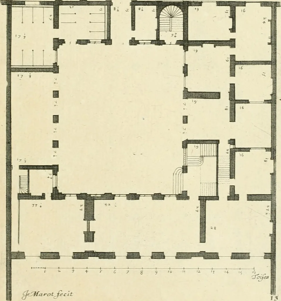 An illustration from Petit uvre d'architecture de Jean Marot, architecte et graveur, ou, Recueil des plans, elevations & coupes de divers anciens edifices de Paris, & de la sépulture des Valois, à S. Denis, avec diverses suites de tombeaux, epitaphes, chapelles, retables d'autels, tabernacles, portes cocheres & autres, &c. & plusieurs petits temples dans le goût antique, qui n'ont jamais paru, 1764, leaf 30