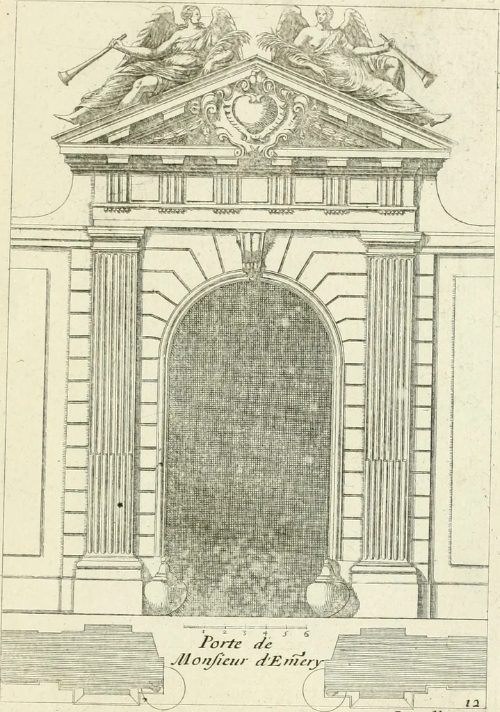 An illustration from Petit uvre d'architecture de Jean Marot, architecte et graveur, ou, Recueil des plans, elevations & coupes de divers anciens edifices de Paris, & de la sépulture des Valois, à S. Denis, avec diverses suites de tombeaux, epitaphes, chapelles, retables d'autels, tabernacles, portes cocheres & autres, &c. & plusieurs petits temples dans le goût antique, qui n'ont jamais paru, 1764, leaf 300