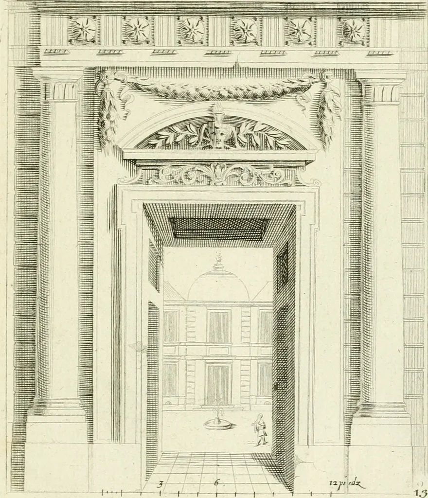 An illustration from Petit uvre d'architecture de Jean Marot, architecte et graveur, ou, Recueil des plans, elevations & coupes de divers anciens edifices de Paris, & de la sépulture des Valois, à S. Denis, avec diverses suites de tombeaux, epitaphes, chapelles, retables d'autels, tabernacles, portes cocheres & autres, &c. & plusieurs petits temples dans le goût antique, qui n'ont jamais paru, 1764, leaf 302