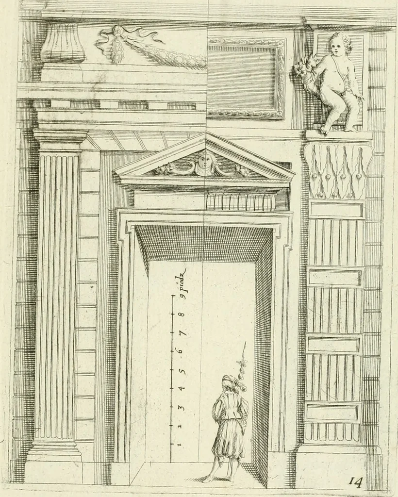 An illustration from Petit uvre d'architecture de Jean Marot, architecte et graveur, ou, Recueil des plans, elevations & coupes de divers anciens edifices de Paris, & de la sépulture des Valois, à S. Denis, avec diverses suites de tombeaux, epitaphes, chapelles, retables d'autels, tabernacles, portes cocheres & autres, &c. & plusieurs petits temples dans le goût antique, qui n'ont jamais paru, 1764, leaf 304