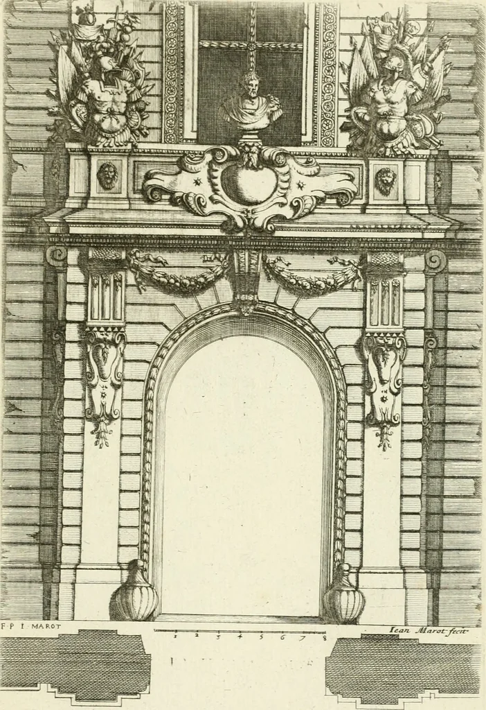 An illustration from Petit uvre d'architecture de Jean Marot, architecte et graveur, ou, Recueil des plans, elevations & coupes de divers anciens edifices de Paris, & de la sépulture des Valois, à S. Denis, avec diverses suites de tombeaux, epitaphes, chapelles, retables d'autels, tabernacles, portes cocheres & autres, &c. & plusieurs petits temples dans le goût antique, qui n'ont jamais paru, 1764, leaf 306