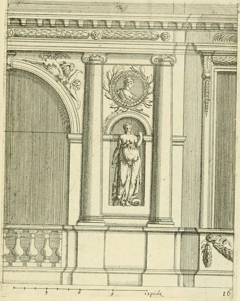 An illustration from Petit uvre d'architecture de Jean Marot, architecte et graveur, ou, Recueil des plans, elevations & coupes de divers anciens edifices de Paris, & de la sépulture des Valois, à S. Denis, avec diverses suites de tombeaux, epitaphes, chapelles, retables d'autels, tabernacles, portes cocheres & autres, &c. & plusieurs petits temples dans le goût antique, qui n'ont jamais paru, 1764, leaf 308