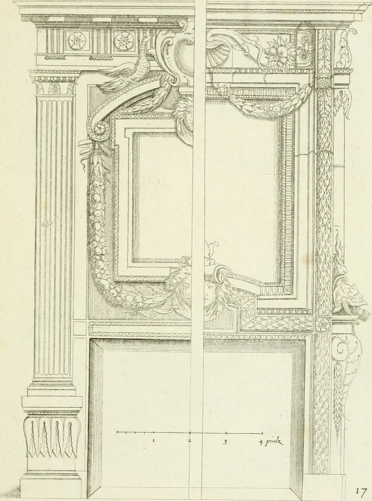 An illustration from Petit uvre d'architecture de Jean Marot, architecte et graveur, ou, Recueil des plans, elevations & coupes de divers anciens edifices de Paris, & de la sépulture des Valois, à S. Denis, avec diverses suites de tombeaux, epitaphes, chapelles, retables d'autels, tabernacles, portes cocheres & autres, &c. & plusieurs petits temples dans le goût antique, qui n'ont jamais paru, 1764, leaf 310