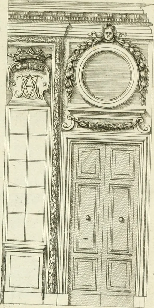 An illustration from Petit uvre d'architecture de Jean Marot, architecte et graveur, ou, Recueil des plans, elevations & coupes de divers anciens edifices de Paris, & de la sépulture des Valois, à S. Denis, avec diverses suites de tombeaux, epitaphes, chapelles, retables d'autels, tabernacles, portes cocheres & autres, &c. & plusieurs petits temples dans le goût antique, qui n'ont jamais paru, 1764, leaf 312