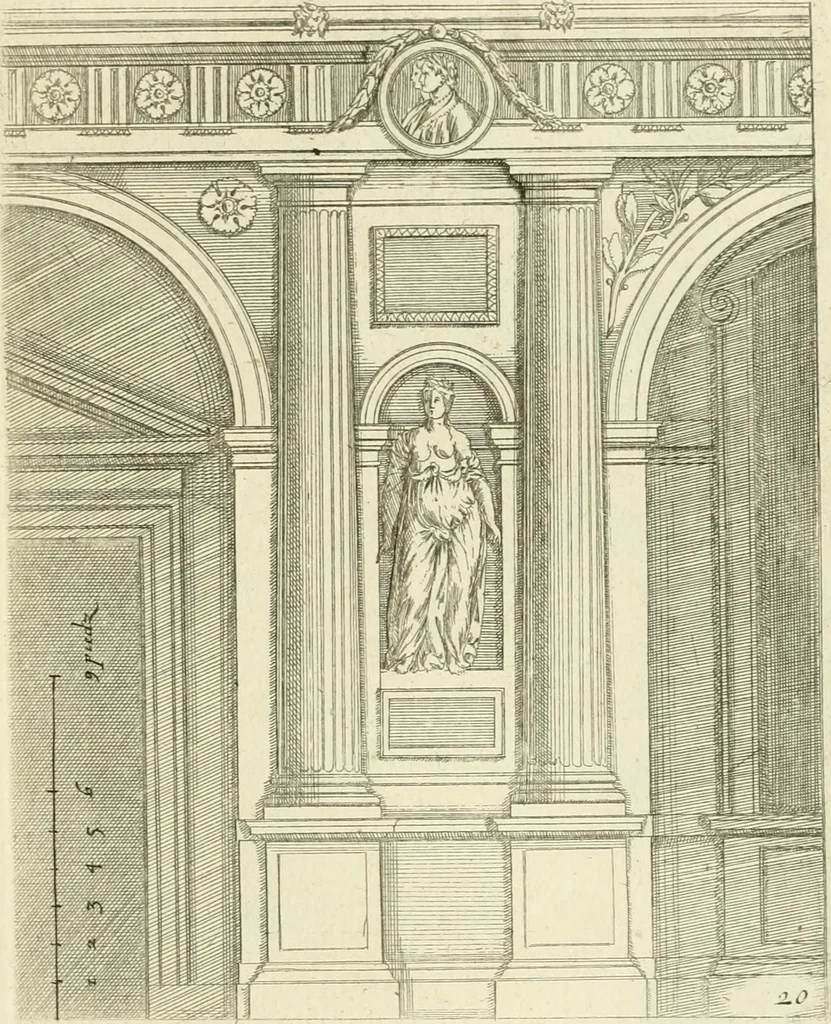 An illustration from Petit uvre d'architecture de Jean Marot, architecte et graveur, ou, Recueil des plans, elevations & coupes de divers anciens edifices de Paris, & de la sépulture des Valois, à S. Denis, avec diverses suites de tombeaux, epitaphes, chapelles, retables d'autels, tabernacles, portes cocheres & autres, &c. & plusieurs petits temples dans le goût antique, qui n'ont jamais paru, 1764, leaf 314