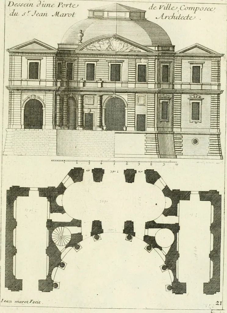 An illustration from Petit uvre d'architecture de Jean Marot, architecte et graveur, ou, Recueil des plans, elevations & coupes de divers anciens edifices de Paris, & de la sépulture des Valois, à S. Denis, avec diverses suites de tombeaux, epitaphes, chapelles, retables d'autels, tabernacles, portes cocheres & autres, &c. & plusieurs petits temples dans le goût antique, qui n'ont jamais paru, 1764, leaf 316