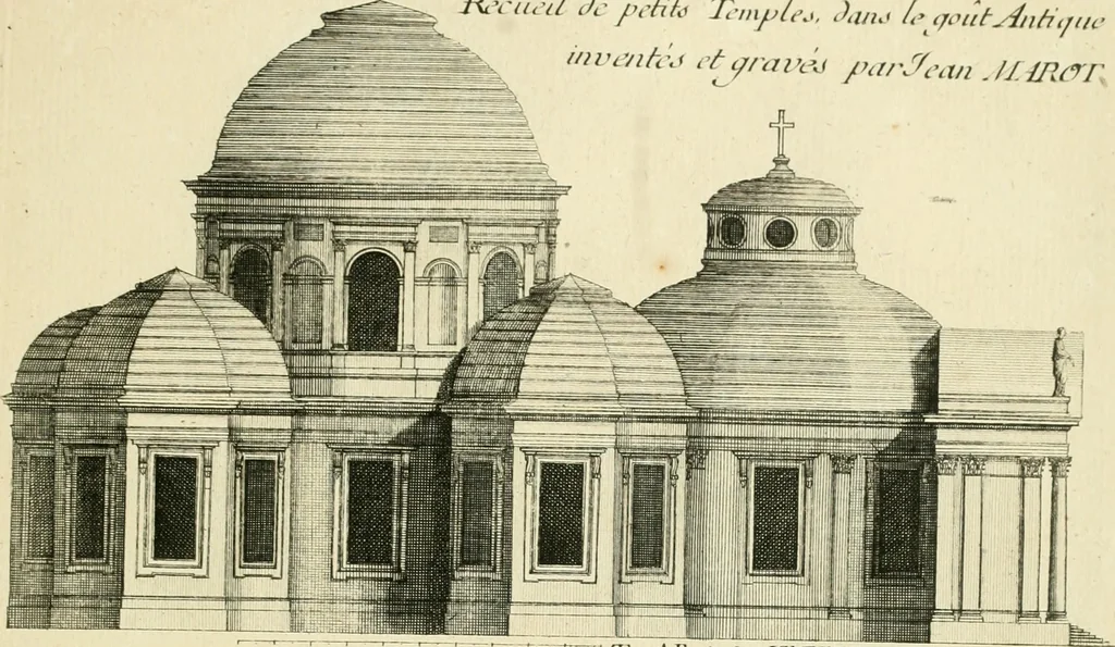 An illustration from Petit uvre d'architecture de Jean Marot, architecte et graveur, ou, Recueil des plans, elevations & coupes de divers anciens edifices de Paris, & de la sépulture des Valois, à S. Denis, avec diverses suites de tombeaux, epitaphes, chapelles, retables d'autels, tabernacles, portes cocheres & autres, &c. & plusieurs petits temples dans le goût antique, qui n'ont jamais paru, 1764, leaf 318