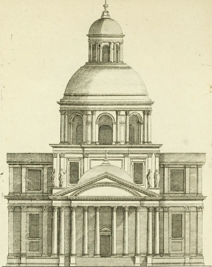 An illustration from Petit uvre d'architecture de Jean Marot, architecte et graveur, ou, Recueil des plans, elevations & coupes de divers anciens edifices de Paris, & de la sépulture des Valois, à S. Denis, avec diverses suites de tombeaux, epitaphes, chapelles, retables d'autels, tabernacles, portes cocheres & autres, &c. & plusieurs petits temples dans le goût antique, qui n'ont jamais paru, 1764, leaf 324
