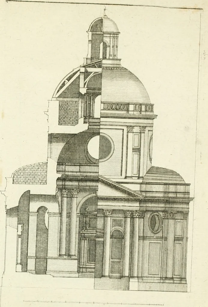 An illustration from Petit uvre d'architecture de Jean Marot, architecte et graveur, ou, Recueil des plans, elevations & coupes de divers anciens edifices de Paris, & de la sépulture des Valois, à S. Denis, avec diverses suites de tombeaux, epitaphes, chapelles, retables d'autels, tabernacles, portes cocheres & autres, &c. & plusieurs petits temples dans le goût antique, qui n'ont jamais paru, 1764, leaf 328
