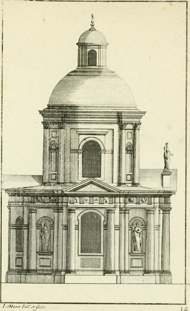 An illustration from Petit uvre d'architecture de Jean Marot, architecte et graveur, ou, Recueil des plans, elevations & coupes de divers anciens edifices de Paris, & de la sépulture des Valois, à S. Denis, avec diverses suites de tombeaux, epitaphes, chapelles, retables d'autels, tabernacles, portes cocheres & autres, &c. & plusieurs petits temples dans le goût antique, qui n'ont jamais paru, 1764, leaf 330
