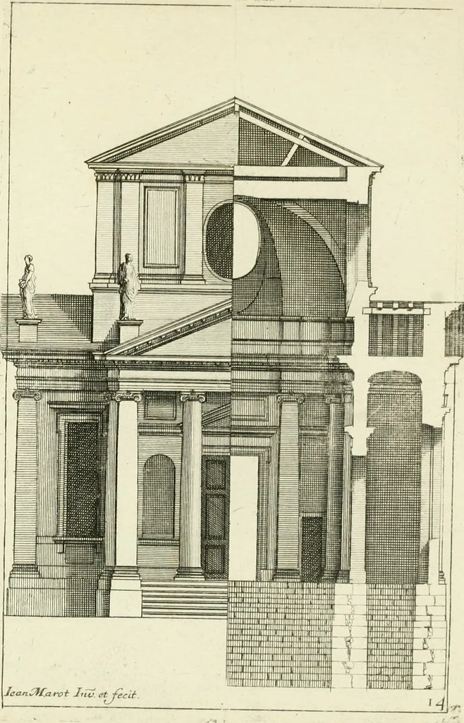 An illustration from Petit uvre d'architecture de Jean Marot, architecte et graveur, ou, Recueil des plans, elevations & coupes de divers anciens edifices de Paris, & de la sépulture des Valois, à S. Denis, avec diverses suites de tombeaux, epitaphes, chapelles, retables d'autels, tabernacles, portes cocheres & autres, &c. & plusieurs petits temples dans le goût antique, qui n'ont jamais paru, 1764, leaf 332