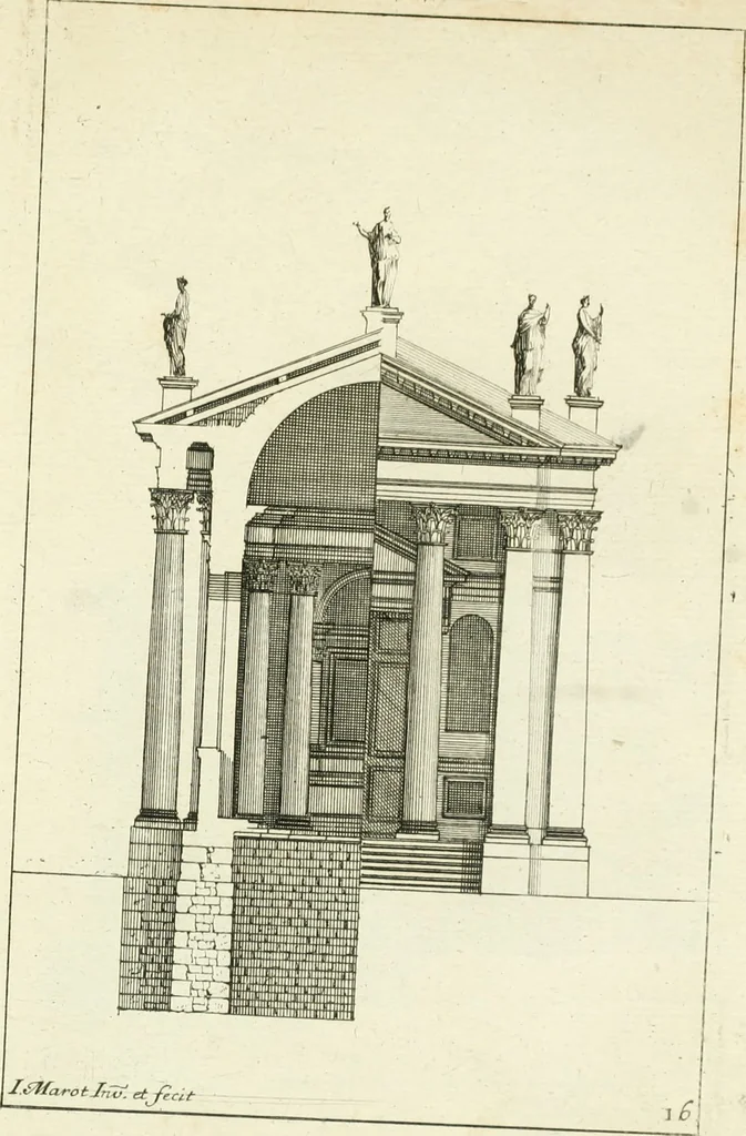 An illustration from Petit uvre d'architecture de Jean Marot, architecte et graveur, ou, Recueil des plans, elevations & coupes de divers anciens edifices de Paris, & de la sépulture des Valois, à S. Denis, avec diverses suites de tombeaux, epitaphes, chapelles, retables d'autels, tabernacles, portes cocheres & autres, &c. & plusieurs petits temples dans le goût antique, qui n'ont jamais paru, 1764, leaf 334