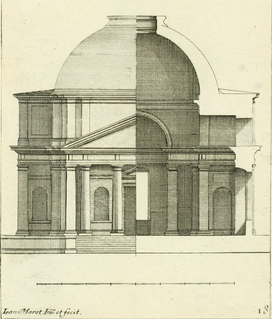 An illustration from Petit uvre d'architecture de Jean Marot, architecte et graveur, ou, Recueil des plans, elevations & coupes de divers anciens edifices de Paris, & de la sépulture des Valois, à S. Denis, avec diverses suites de tombeaux, epitaphes, chapelles, retables d'autels, tabernacles, portes cocheres & autres, &c. & plusieurs petits temples dans le goût antique, qui n'ont jamais paru, 1764, leaf 336