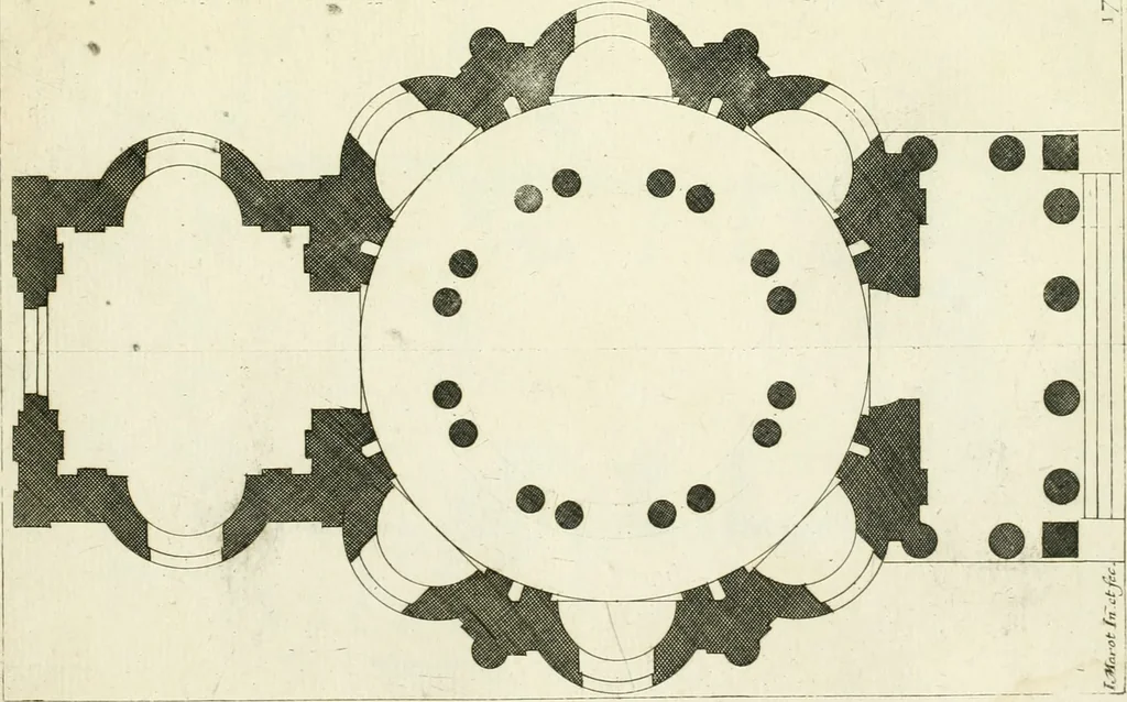 An illustration from Petit uvre d'architecture de Jean Marot, architecte et graveur, ou, Recueil des plans, elevations & coupes de divers anciens edifices de Paris, & de la sépulture des Valois, à S. Denis, avec diverses suites de tombeaux, epitaphes, chapelles, retables d'autels, tabernacles, portes cocheres & autres, &c. & plusieurs petits temples dans le goût antique, qui n'ont jamais paru, 1764, leaf 336