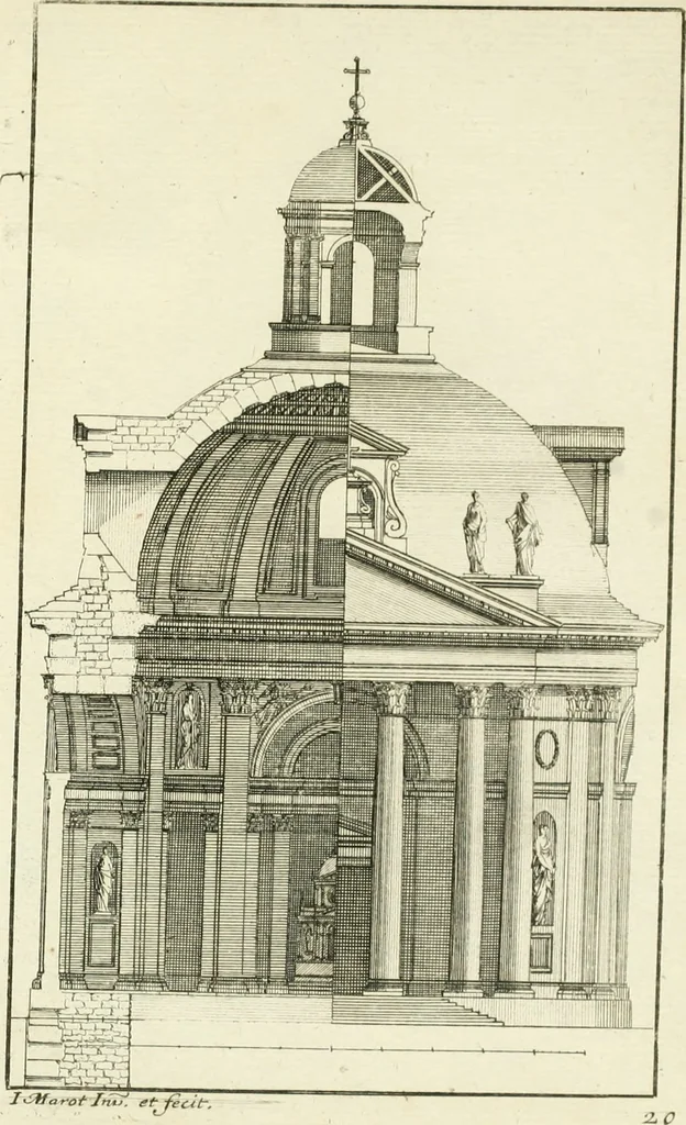 An illustration from Petit uvre d'architecture de Jean Marot, architecte et graveur, ou, Recueil des plans, elevations & coupes de divers anciens edifices de Paris, & de la sépulture des Valois, à S. Denis, avec diverses suites de tombeaux, epitaphes, chapelles, retables d'autels, tabernacles, portes cocheres & autres, &c. & plusieurs petits temples dans le goût antique, qui n'ont jamais paru, 1764, leaf 338