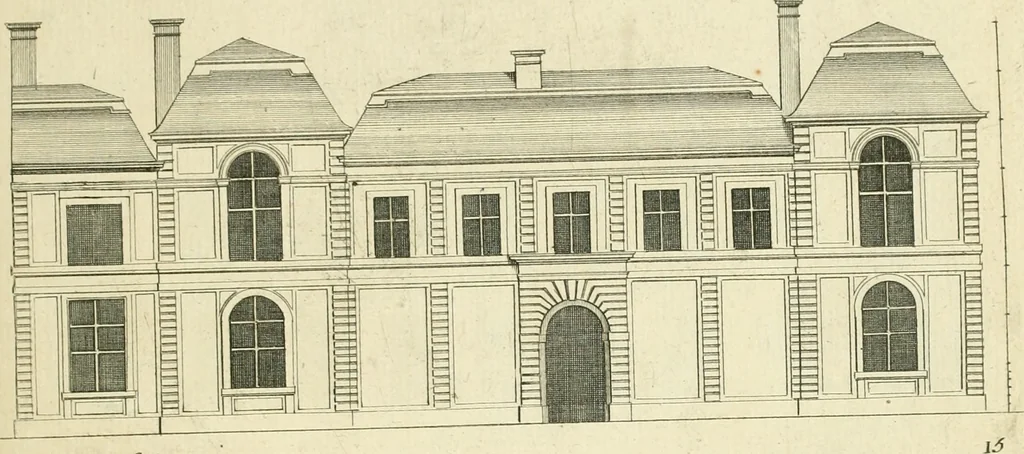 An illustration from Petit uvre d'architecture de Jean Marot, architecte et graveur, ou, Recueil des plans, elevations & coupes de divers anciens edifices de Paris, & de la sépulture des Valois, à S. Denis, avec diverses suites de tombeaux, epitaphes, chapelles, retables d'autels, tabernacles, portes cocheres & autres, &c. & plusieurs petits temples dans le goût antique, qui n'ont jamais paru, 1764, leaf 34