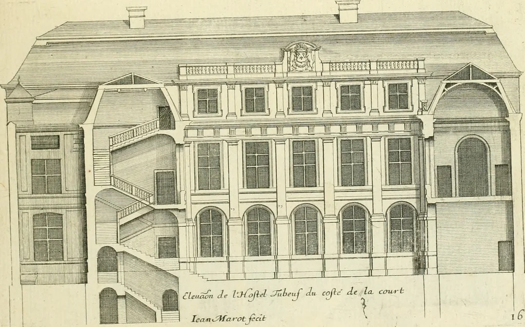 An illustration from Petit uvre d'architecture de Jean Marot, architecte et graveur, ou, Recueil des plans, elevations & coupes de divers anciens edifices de Paris, & de la sépulture des Valois, à S. Denis, avec diverses suites de tombeaux, epitaphes, chapelles, retables d'autels, tabernacles, portes cocheres & autres, &c. & plusieurs petits temples dans le goût antique, qui n'ont jamais paru, 1764, leaf 34