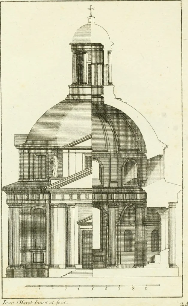 An illustration from Petit uvre d'architecture de Jean Marot, architecte et graveur, ou, Recueil des plans, elevations & coupes de divers anciens edifices de Paris, & de la sépulture des Valois, à S. Denis, avec diverses suites de tombeaux, epitaphes, chapelles, retables d'autels, tabernacles, portes cocheres & autres, &c. & plusieurs petits temples dans le goût antique, qui n'ont jamais paru, 1764, leaf 342