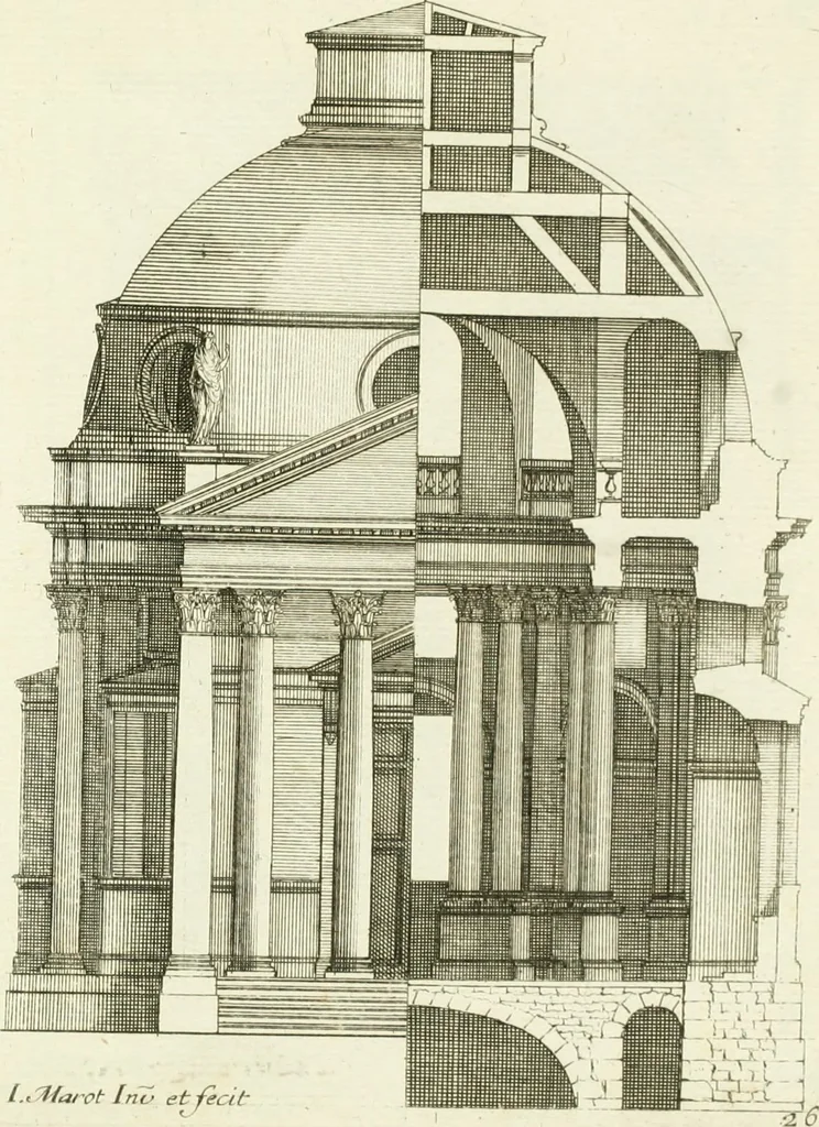 An illustration from Petit uvre d'architecture de Jean Marot, architecte et graveur, ou, Recueil des plans, elevations & coupes de divers anciens edifices de Paris, & de la sépulture des Valois, à S. Denis, avec diverses suites de tombeaux, epitaphes, chapelles, retables d'autels, tabernacles, portes cocheres & autres, &c. & plusieurs petits temples dans le goût antique, qui n'ont jamais paru, 1764, leaf 344