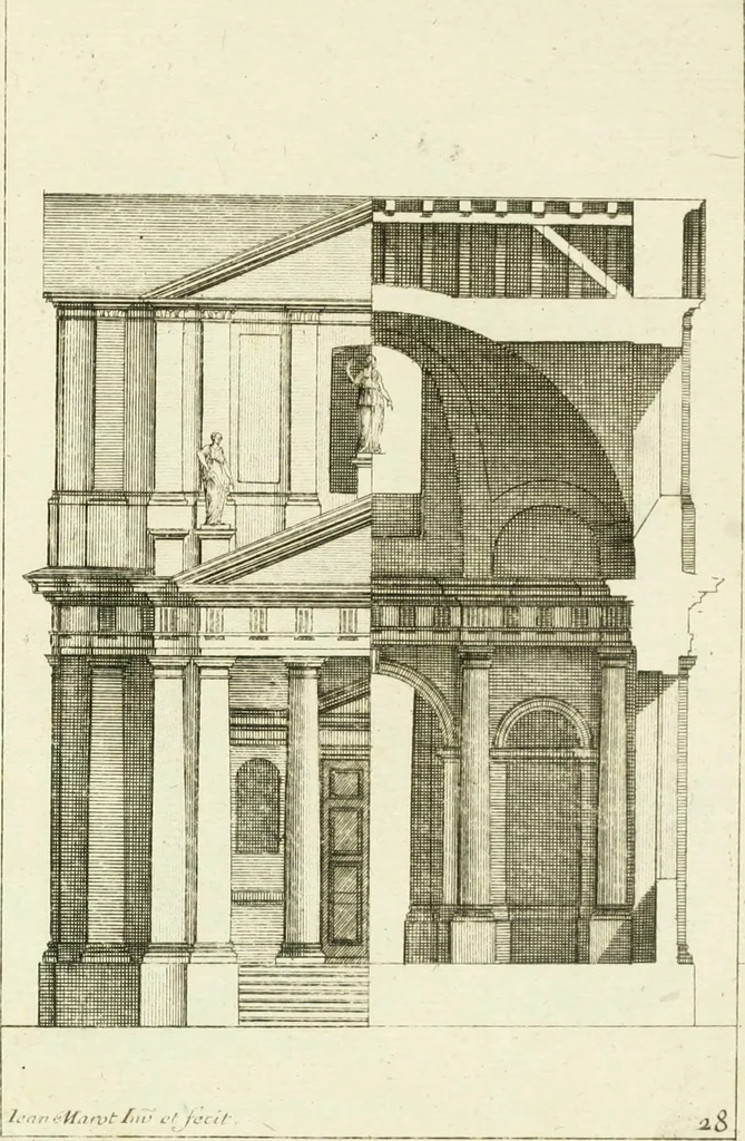 An illustration from Petit uvre d'architecture de Jean Marot, architecte et graveur, ou, Recueil des plans, elevations & coupes de divers anciens edifices de Paris, & de la sépulture des Valois, à S. Denis, avec diverses suites de tombeaux, epitaphes, chapelles, retables d'autels, tabernacles, portes cocheres & autres, &c. & plusieurs petits temples dans le goût antique, qui n'ont jamais paru, 1764, leaf 346