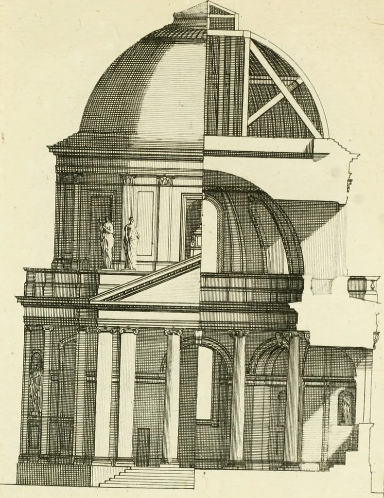 An illustration from Petit uvre d'architecture de Jean Marot, architecte et graveur, ou, Recueil des plans, elevations & coupes de divers anciens edifices de Paris, & de la sépulture des Valois, à S. Denis, avec diverses suites de tombeaux, epitaphes, chapelles, retables d'autels, tabernacles, portes cocheres & autres, &c. & plusieurs petits temples dans le goût antique, qui n'ont jamais paru, 1764, leaf 348