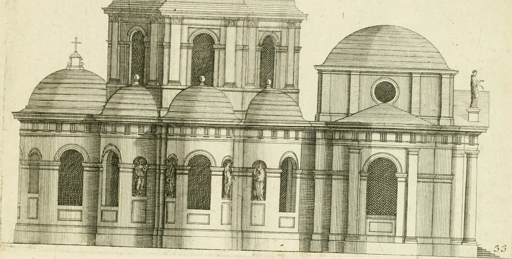 An illustration from Petit uvre d'architecture de Jean Marot, architecte et graveur, ou, Recueil des plans, elevations & coupes de divers anciens edifices de Paris, & de la sépulture des Valois, à S. Denis, avec diverses suites de tombeaux, epitaphes, chapelles, retables d'autels, tabernacles, portes cocheres & autres, &c. & plusieurs petits temples dans le goût antique, qui n'ont jamais paru, 1764, leaf 352